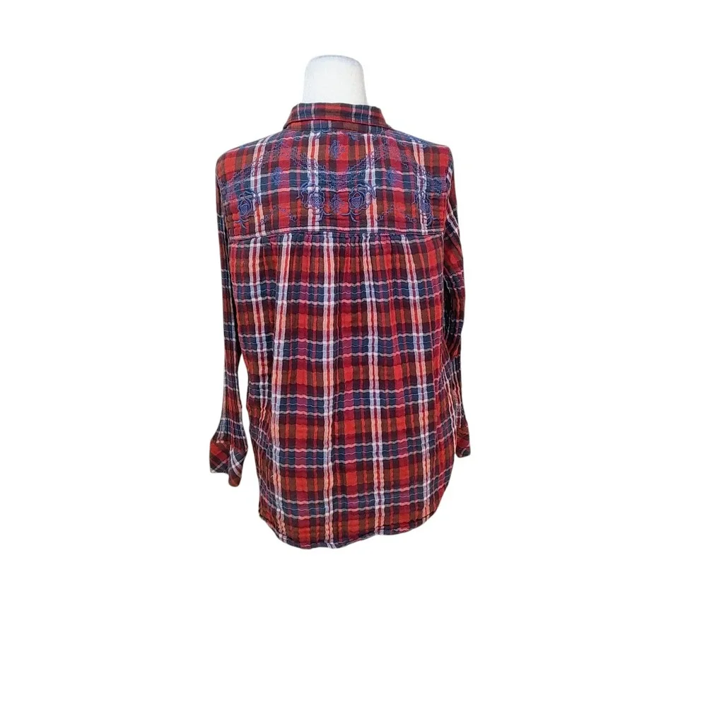 Free People Magical Plaid Button-Up Shirt Embroidered 4th of July‎ Patriotic S